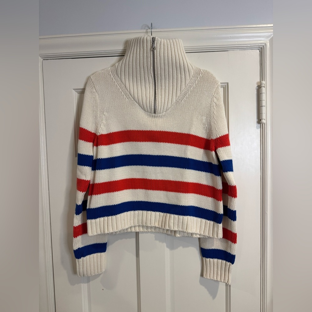 KULE Cream Turtleneck Sweater with Red & Blue Stripes